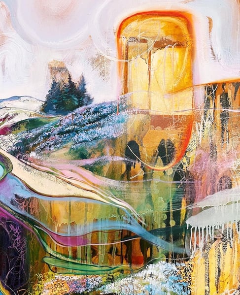 Abstract landscape painting yellow green purple