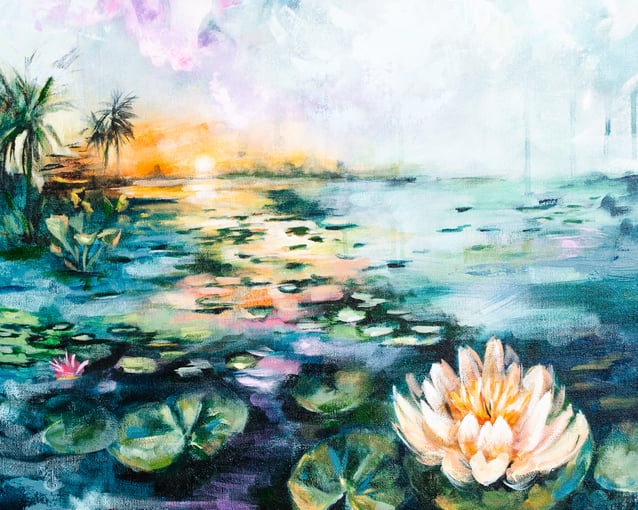 painting of ocean sunset Lilly Pads 
