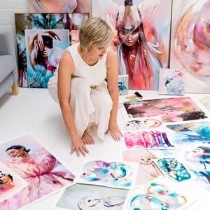 Paintings with woman colors pink blue 