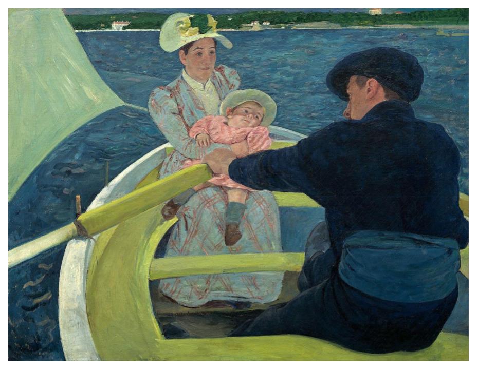 Mary Cassatt  painting of woman with baby in boat being rowed by many in black 