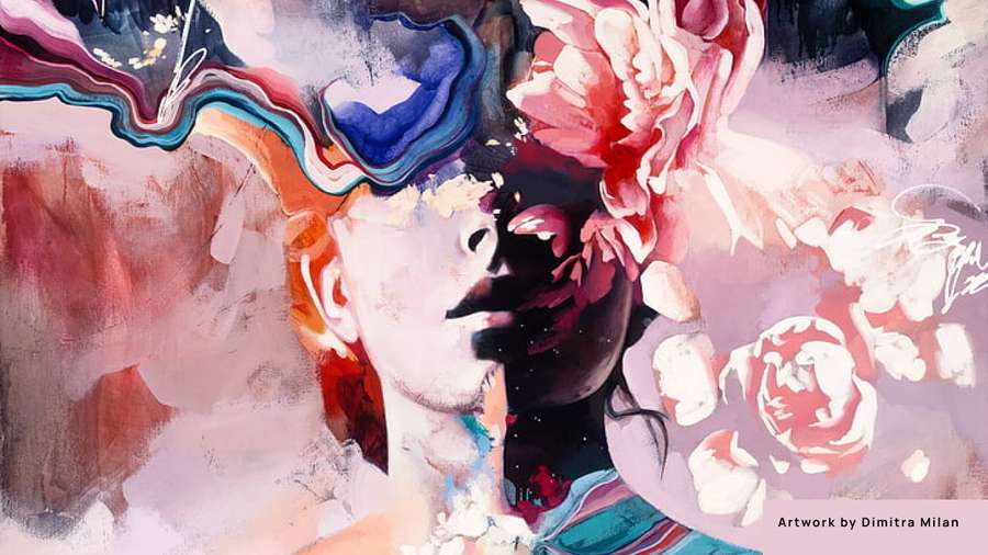 painting of portrait of woman pink flowers
