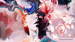 painting of portrait of woman pink flowers