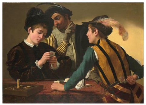 Photo caption: Caravaggio’s painting The Cardsharps offers an excellent example of narrative painting. It’s up to the viewer to decide the story. Photo courtesy of Creative Commons.