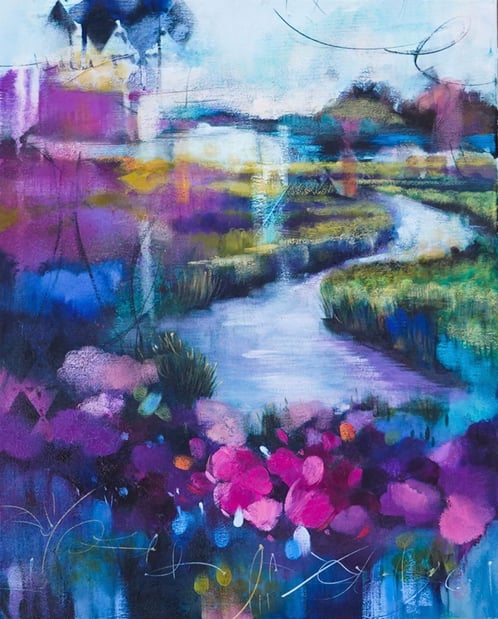 Abstract landscape painting blue and pink