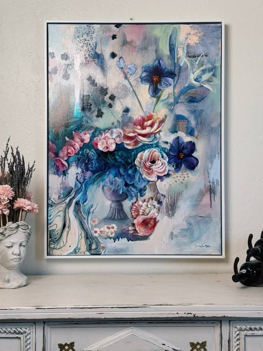 vase of flowers blue peach