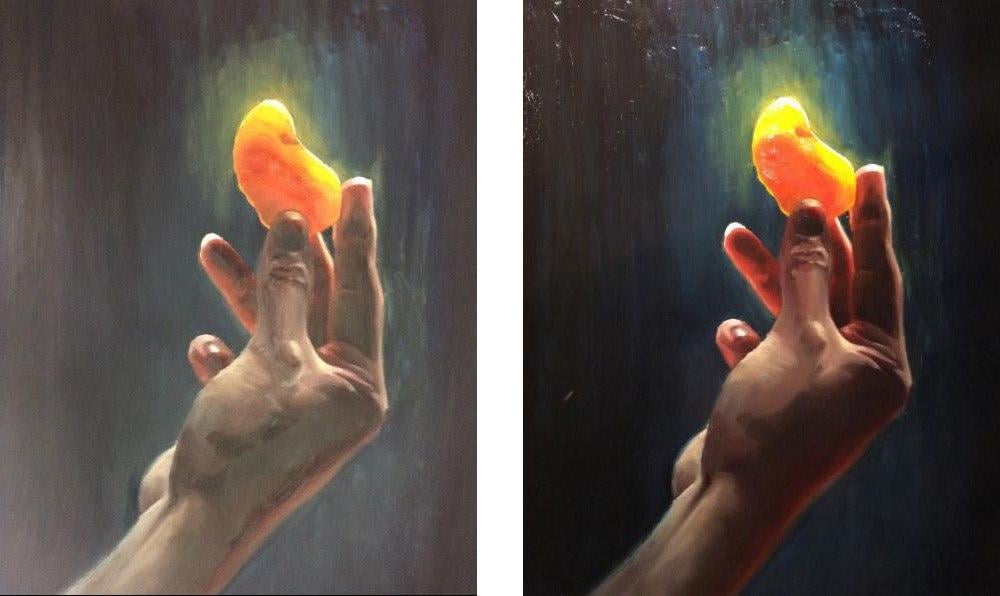 painting of hand holding orange before and after varnish