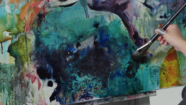 Mixed Media Painting blue teal hand painting with brush