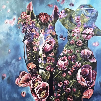 Student Work - Eleanor Birch 2 Pink flowers on horse and cowgirl 