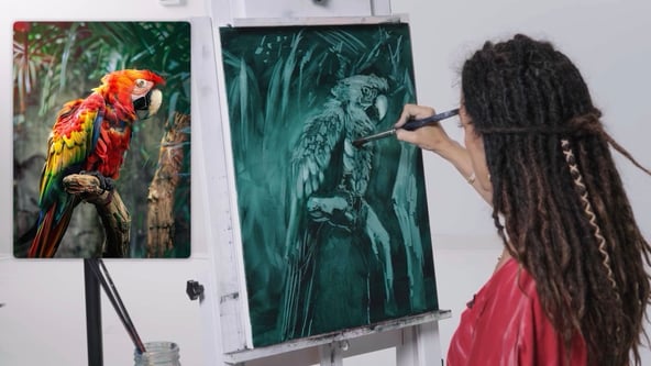 Woman in red shirt painting green canvas bird 