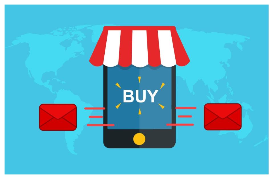 Graphic of store front on phone with red envelopes