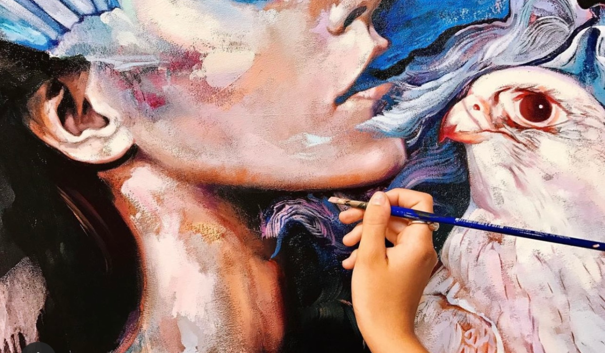 Woman  painitng portrait art pink blue