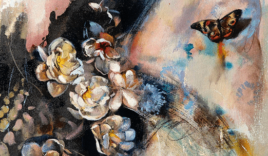 Abstract Floral cream blooms brown butterfly blue abstract background