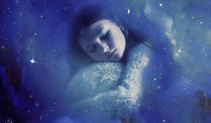 Girl hugging a moon in night sky