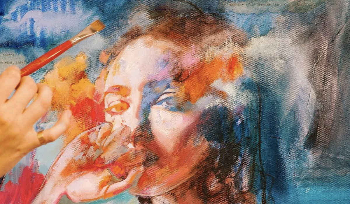 Painting of woman blue and orange