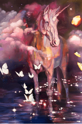 Pink painting with white horse white butterflies and clouds