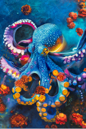 Blue Octopus orange pink purple