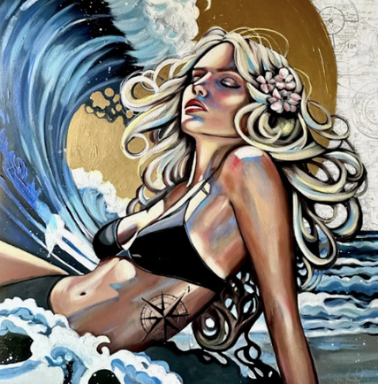Painting of woman on beach gold sun and blue waves