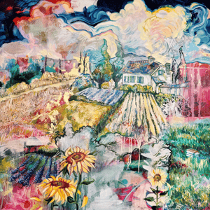 Landscape of green blue pink yellow