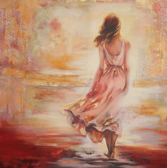 woman walking pink dress red gold background