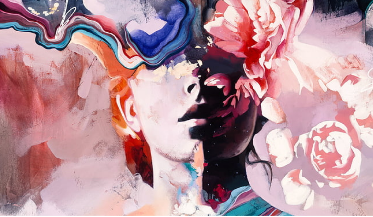 Painting of portrait with burst of colors