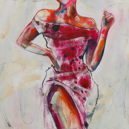 painting of female with pink dress orange and cream skin